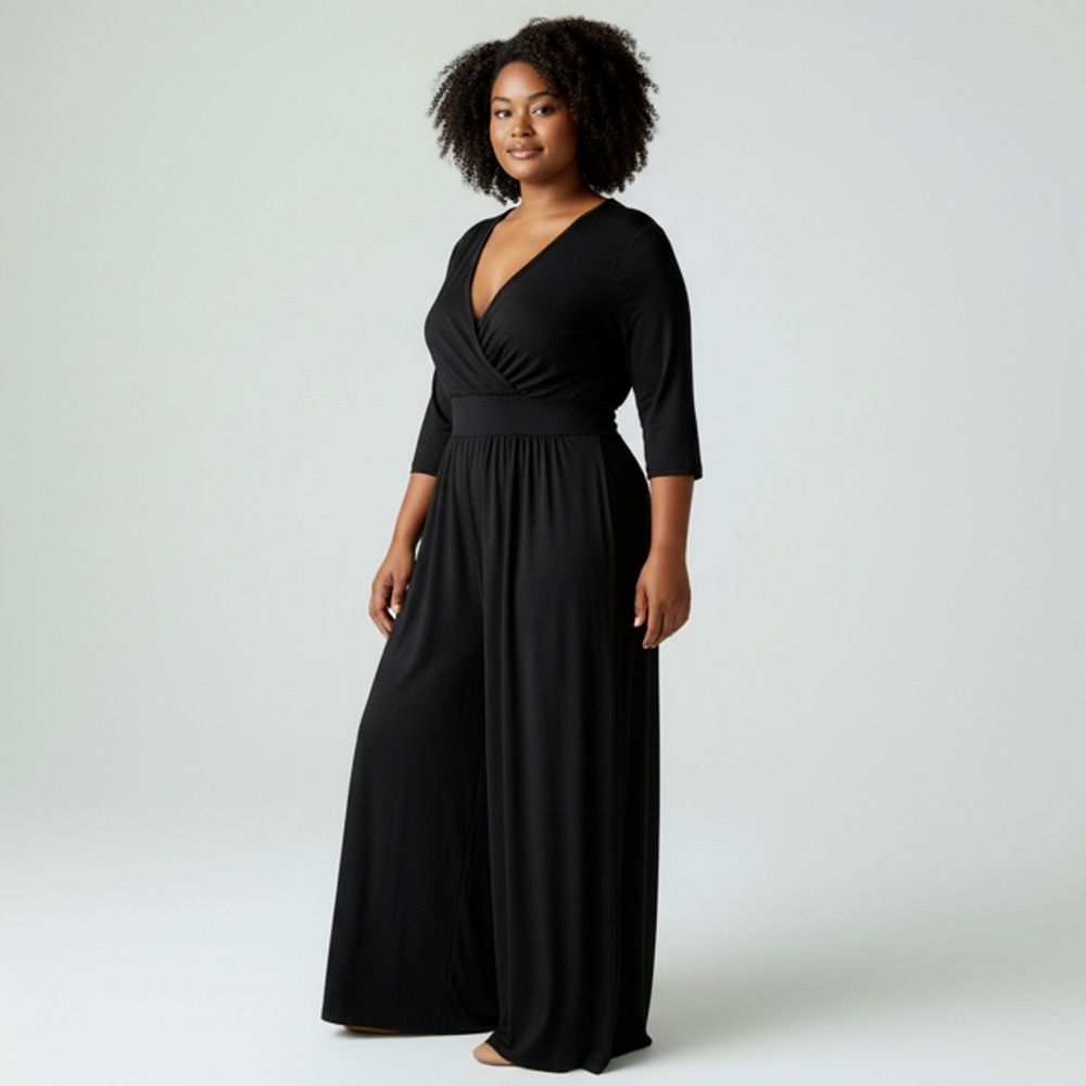 Soft Surroundings Black Wide Leg Jump Suit 3/4 Sleeve Women's 2X